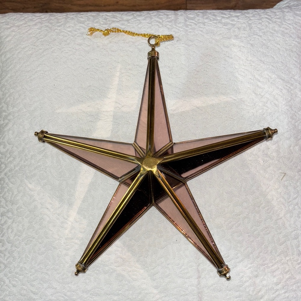 Vintage Victorian Tiffany Style Glass Brass Metal Star Ornament/Sun Catcher.